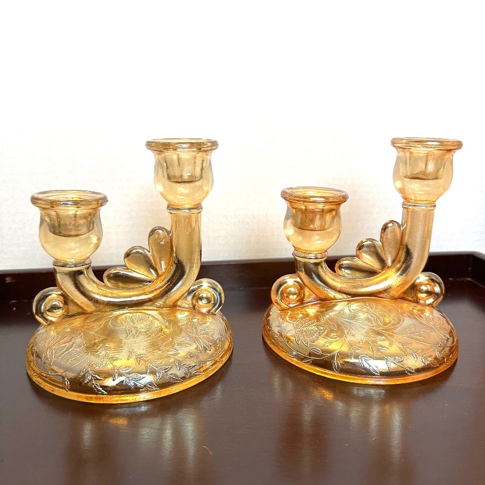 1950s Jeannette Glass Company Floragold candlesticks